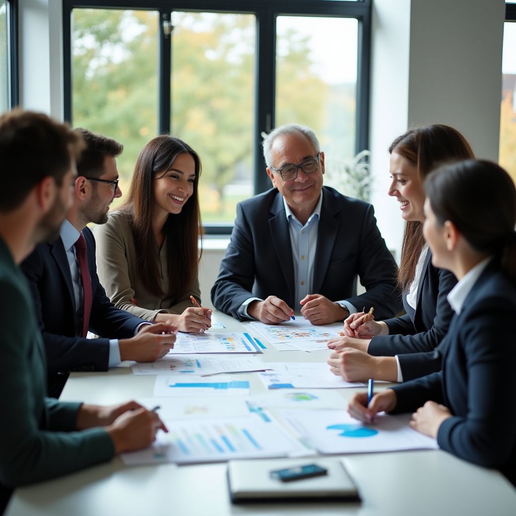Equipo de consultores financieros en reunión estratégica